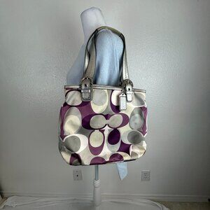 Coach Tricolor Scarf Print Signature Tote Bag  F17409 Purple Silver Taupe Sateen